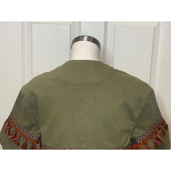 Zara Basic Dept Denim Green Jean Jacket Geometric Embroidery Tassels, Size XS - Picture 7 of 8